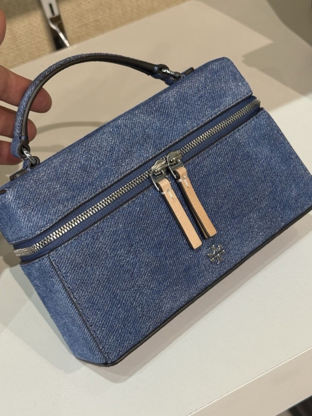 Tory Burch Denim Blue Emerson Vanity Bag with Tan Zipper Pulls